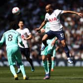 Lucas Moura of Tottenham Hotspur wins a header during the Premier League match  (Photo by Ryan Pierse/Getty Images)