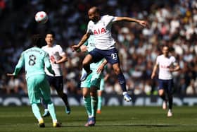 Lucas Moura of Tottenham Hotspur wins a header during the Premier League match  (Photo by Ryan Pierse/Getty Images)