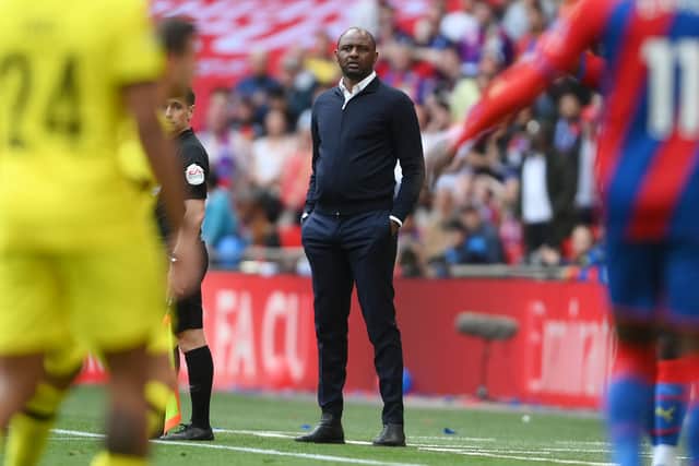 Patrick Vieira, Manager of Crystal Palace looks on during The FA Cup Semi-Final (Photo by Mike Hewitt/Getty Images)