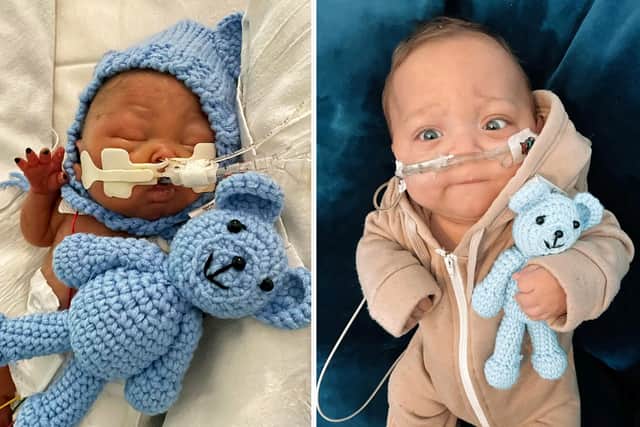 Little Chay Jefferys with the teddy at birth (L) and more recently (R). Credit: Megan Mcgee / SWNS