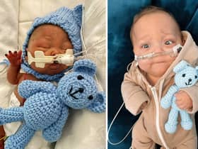 Little Chay Jefferys with the teddy at birth (L) and more recently (R). Credit: Megan Mcgee / SWNS