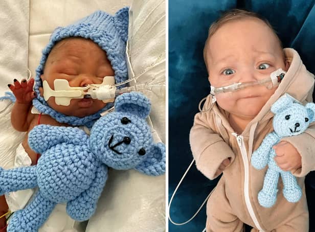 <p>Little Chay Jefferys with the teddy at birth (L) and more recently (R). Credit: Megan Mcgee / SWNS</p>