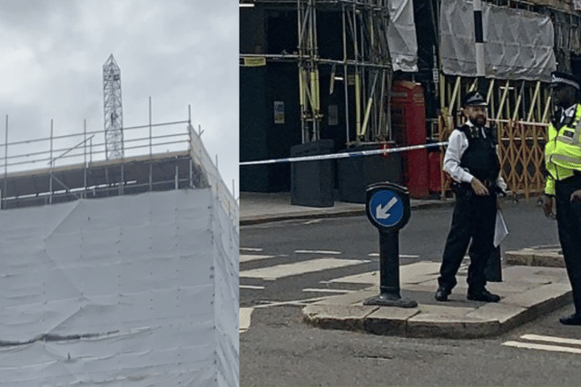 Emergency services are responding to reports the man was spotted stood on the construction platform surrounding a building on Victoria Street, in Westminster. Photo: Claudia Marquis/LondonWorld