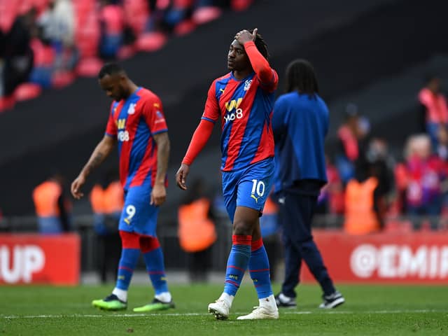 Eberechi Eze of Crystal Palace looks dejected following their side's defeat in The FA Cup Semi-Final (Photo by Shaun Botterill/Getty Images)