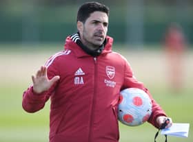 Arsenal manager Mikel Arteta  during a training at London Colney on April 08, 2022 in St Albans (Photo by Stuart MacFarlane/Arsenal FC via Getty Images)