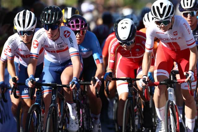 Pfeiffer Georgi, second from left, racing with her hero Lizzie Deignan, far left, in the World Championships in Flanders in 2021. Credit: KENZO TRIBOUILLARD/AFP via Getty Images 