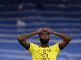Chelsea's German defender Antonio Ruediger reacts at the end of the UEFA Champions League quarter final (Photo by OSCAR DEL POZO/AFP via Getty Images)