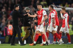 Mikel Arteta celebrates with Granit Xhaka of Arsenal after their sides victory during the Premier League  (Photo by Mike Hewitt/Getty Images)