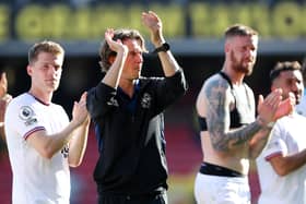 Thomas Frank, manager of Brentford applauds fans following their side's victory in the Premier League. (Photo by Matthew Lewis/Getty Images)