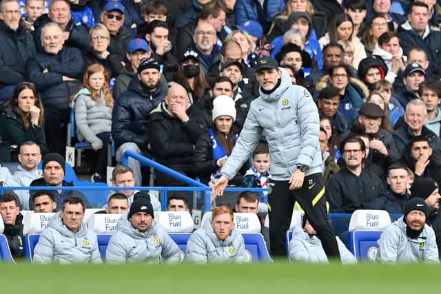 Chelsea’s German head coach Thomas Tuchel shouts instructions to his players from the touchline  (Photo by JUSTIN TALLIS/AFP via Getty Images)