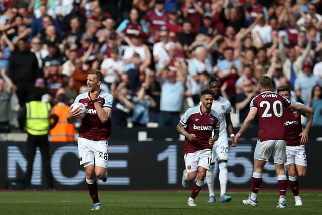 Tomas Soucek of West Ham United celebrates after scoring their sides first goal during the Premier League (Photo by Steve Bardens/Getty Images)