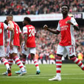  Bukayo Saka of Arsenal celebrates after scoring their side's second goal during the Premier League match  (Photo by Mike Hewitt/Getty Images)