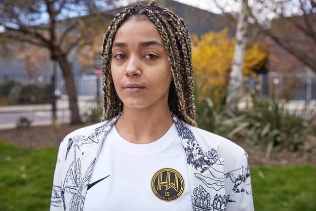 Jasmine Jobson who plays ‘Jaq’ in Top Boy models the new Hackney Wick FC strip