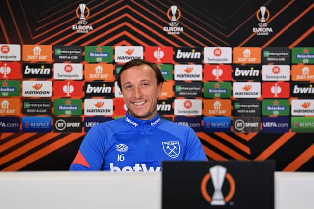 Mark Noble speaks to the press ahead of West Ham’s match against Eintracht Frankfurt. Credit: Justin Setterfield/Getty Images