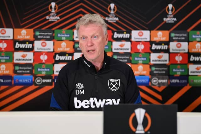 David Moyes speaks to the press ahead of the Eintracht Frankfurt match. Credit: Justin Setterfield/Getty Images
