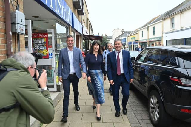 Labour MP Peter Kyle, left, with Rachel Reeves and Keir Starmer campaigning during the local elections. Credit: JUSTIN TALLIS/AFP via Getty Images