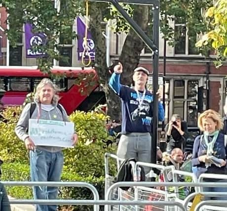 The photograph Peter Kyle took of Lance O’Connor pointing at the noose and gallows. Credit: Peter Kyle