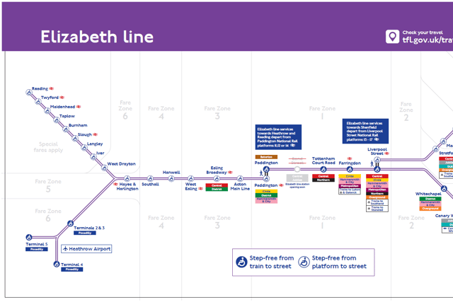 The Elizabeth line map. Initially the section between Paddington and Abbey Wood will run from Monday to Saturday. Credit: TfL
