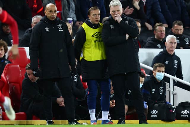 Mark Noble and David Moyes, Manager of West Ham United look on during the Premier League match  (Photo by Clive Brunskill/Getty Images)