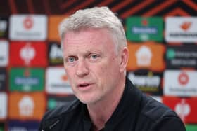 West Ham manager David Moyes speaks to the press in Frankfurt. Credit: Alex Grimm/Getty Images