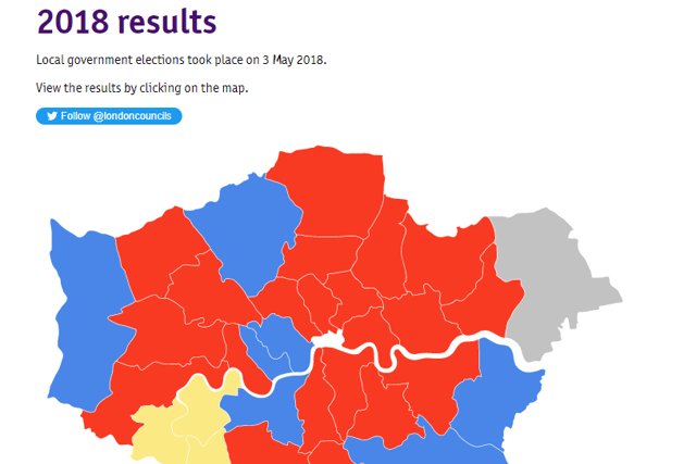 London’s 32 boroughs after the 2018 election. Photo: London Councils