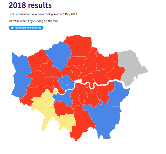 London’s 32 boroughs after the 2018 election. Photo: London Councils