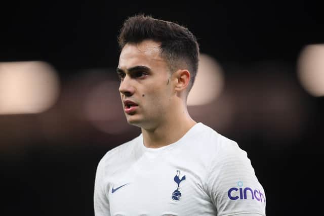 Sergio Reguilon of Spurs looks on during the Premier League match between Manchester United (Photo by Michael Regan/Getty Images)