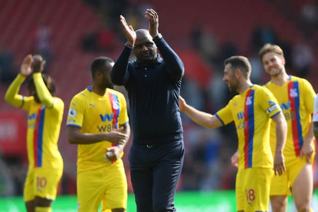 Crystal Palace manager Patrick Vieira applauds the fans at the end of  the Premier League match (Photo by Mike Hewitt/Getty Images)