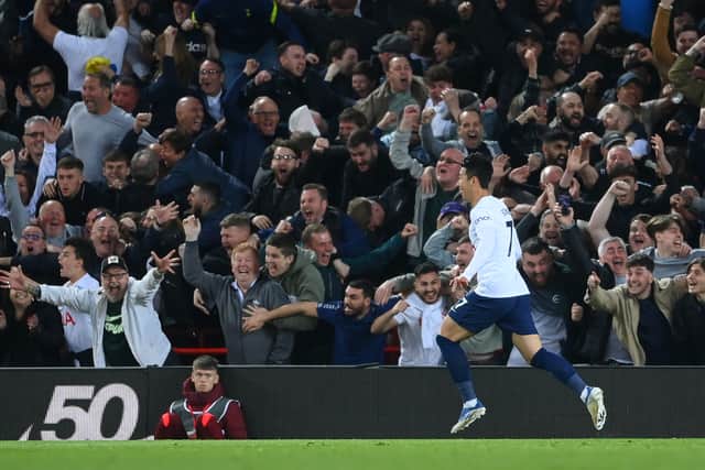Heung-Min Son of Tottenham Hotspur celebrates after scoring their team’s first goal (Photo by Laurence Griffiths/Getty Images)