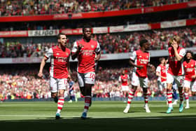 Eddie Nketiah of Arsenal celebrates scoring their side's second goal during the Premier League match (Photo by Ryan Pierse/Getty Images)