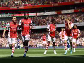Eddie Nketiah of Arsenal celebrates scoring their side's second goal during the Premier League match (Photo by Ryan Pierse/Getty Images)