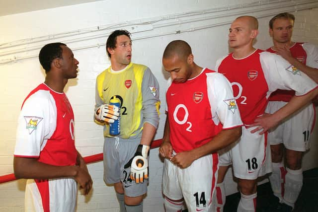 (L-R) Patrick Vieira, Rami Shaaban, Thierry Henry, Pascal Cygan and Dennis Bergkamp (Photo by Stuart MacFarlane/Arsenal FC via Getty Images)