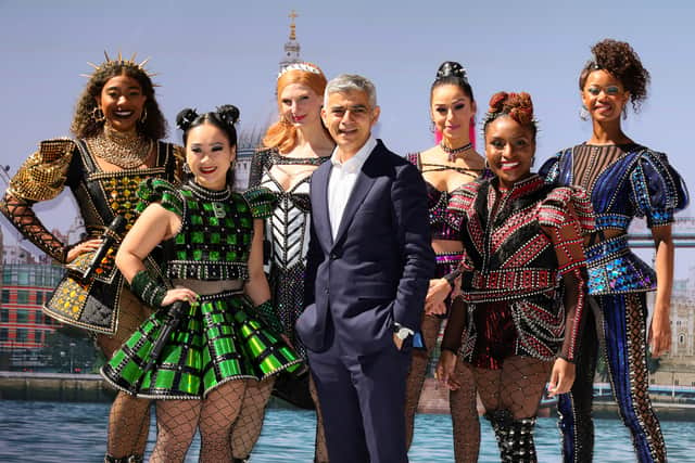 Sadiq Khan was joined in the world-famous Times Square by the cast of hit West End musical Six. Photo: Getty