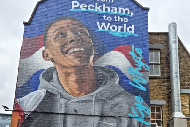 Kye Whyte and his first BMX coach in Peckham CK Flash at the mural. Credit: LW