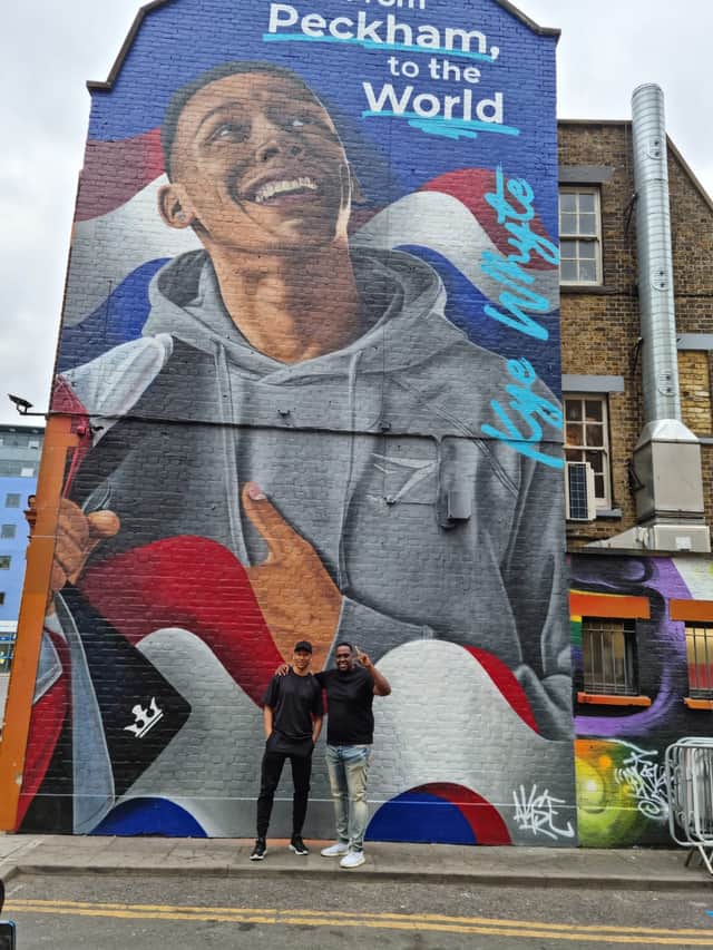Kye Whyte and his first BMX coach in Peckham CK Flash at the mural. Credit: LW