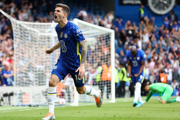 Christian Pulisic of Chelsea celebrates after scoring their team's first goal during the Premier League match  (Photo by Clive Rose/Getty Images)