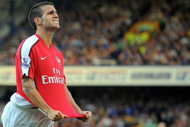 Cesc Fabregas celebrates scoring for Arsenal. Credit: AY/AFP via Getty Images