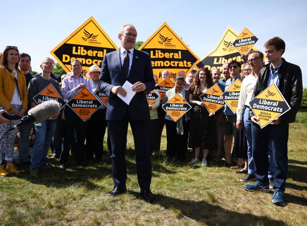 <p> Lib Dem leader Ed Davey addresses supporters following the local council elections, on May 6, 2022 in Wimbledon, England. Photo: Getty</p>