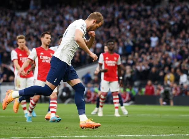 <p>Harry Kane of Tottenham Hotspur celebrates after scoring their side's first goal during the Premier League (Photo by Mike Hewitt/Getty Images)</p>