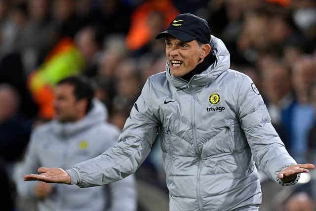 Thomas Tuchel gestures on the touchline during the English Premier League football match  (Photo by OLI SCARFF/AFP via Getty Images)