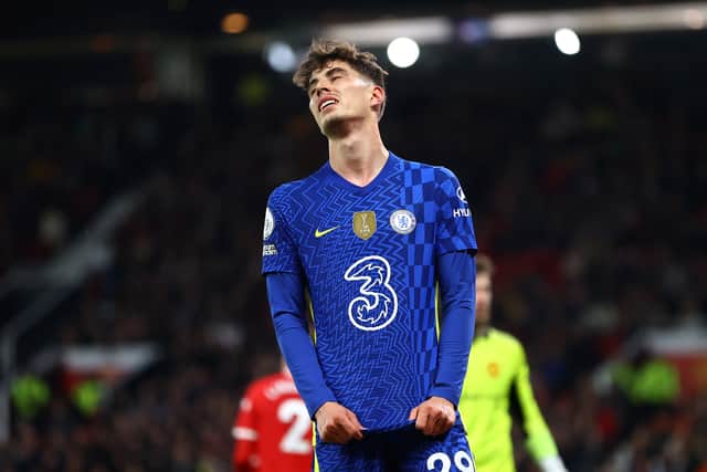 Kai Havertz of Chelsea reacts during the Premier League match between Manchester United (Photo by Michael Steele/Getty Images)