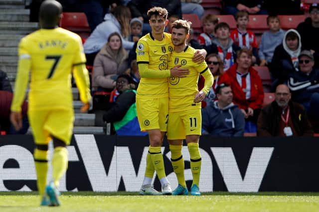 Kai Havertz (C) celebrates with Chelsea's German striker Timo Werner (R) after scoring the fourth goal  (Photo by ADRIAN DENNIS/AFP via Getty Images)