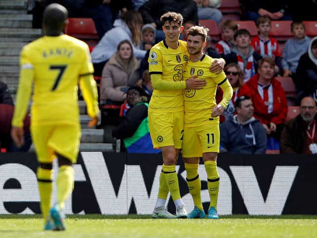 Kai Havertz (C) celebrates with Chelsea's German striker Timo Werner (R) after scoring the fourth goal  (Photo by ADRIAN DENNIS/AFP via Getty Images)