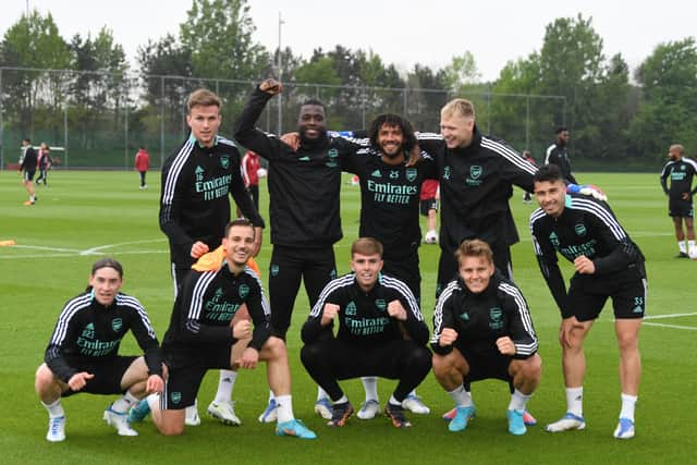 (L-R) Marcelo Flores, Rob Holding, Cedric, Nicolas Pepe, Zak Swanson, Mo Elneny, Aaron Ramsdale, Martin Odegaard and Gabariel Martinelli. Credit: Stuart MacFarlane/Arsenal FC via Getty Images