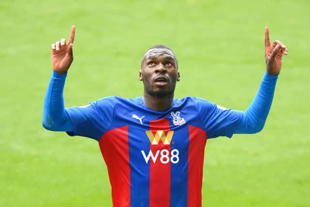 Christian Benteke of Crystal Palace celebrates after scoring their team's first goal  (Photo by Mike Hewitt/Getty Images)