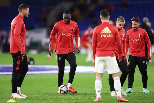 Christian Benteke of Belgium warms up prior to the 2022 FIFA World Cup Qualifier match  (Photo by Catherine Ivill/Getty Images)