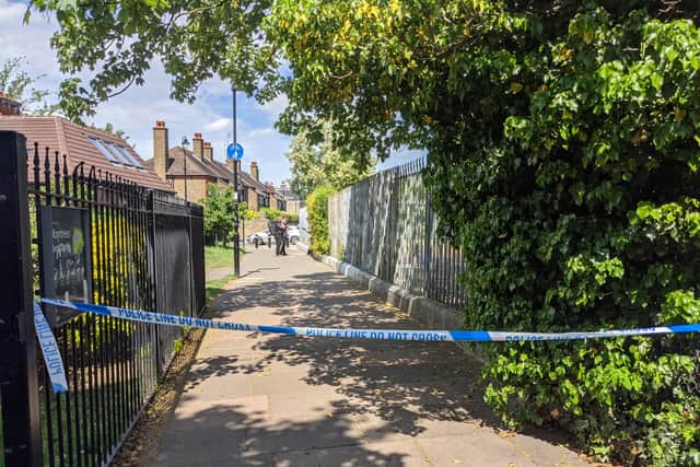 The crime scene in south Ealing after a woman was stabbed to death in an alley. Credit: Lynn Rusk