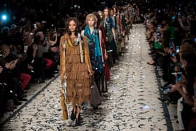 A model walks the runway at the Burberry Prorsum show during London Fashion Week Fall/Winter 2015/16 at perk's Field on February 23, 2015 in London, England