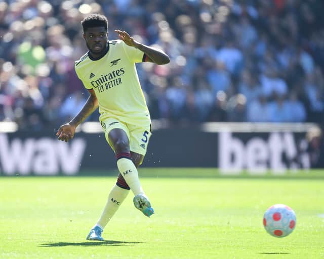 Thomas Partey of Arsenal during the Premier League match between Aston Villa and Arsenal at (Photo by Stuart MacFarlane/Arsenal FC via Getty Images)