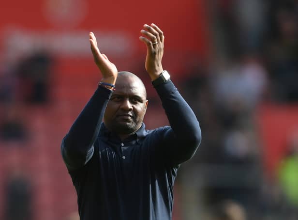 <p> Patrick Vieira, Manager of Crystal Palace applauds fans at full-time after the Premier League (Photo by Mike Hewitt/Getty Images)</p>